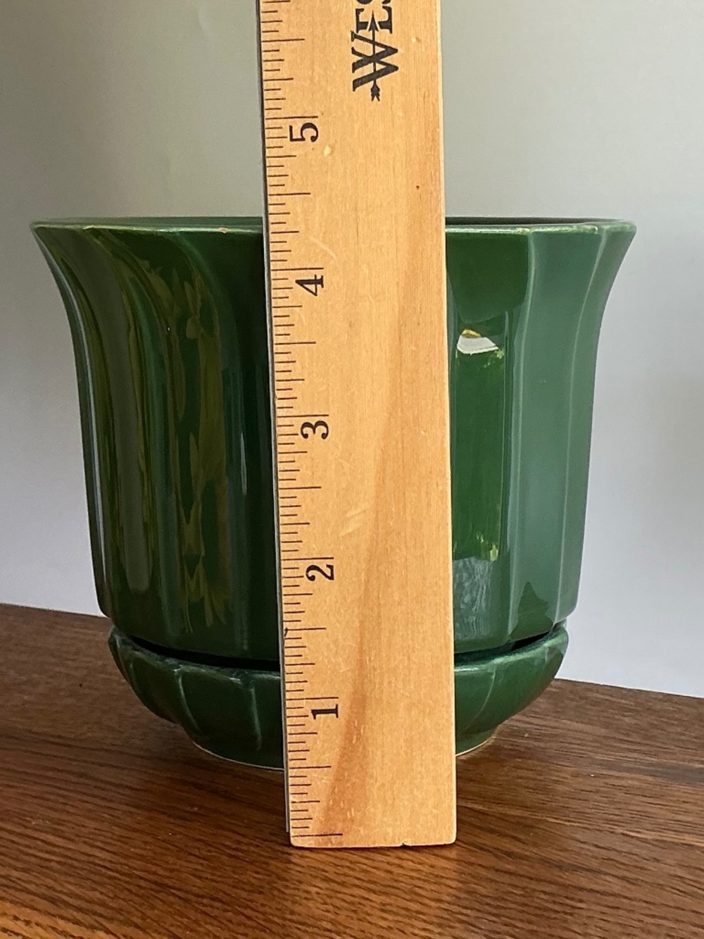 Vintage MCM Green Ribbed Ceramic Planter Flower Pot Attached Saucer - Picture 6 of 16